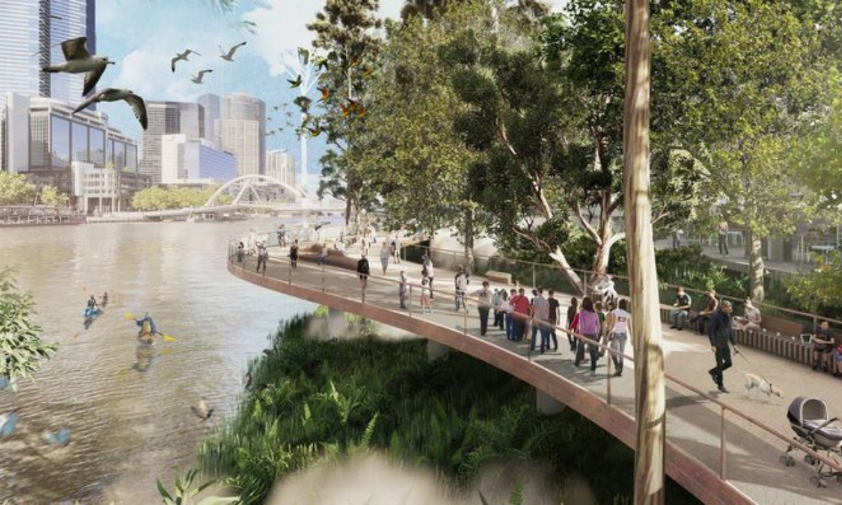 Rendered image of Greenline Project, featuring trees and a walkway along the Yarra River.
