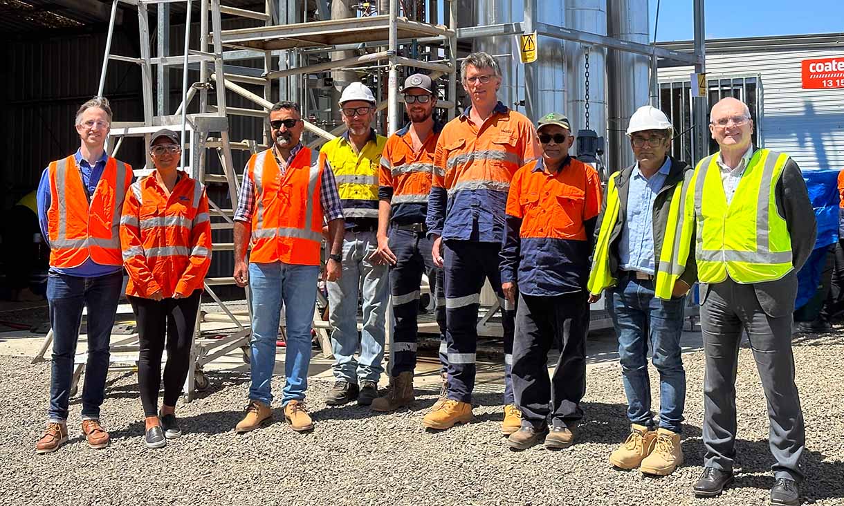 Project lead Professor Kalpit Shah (second from the right) with a tour group during PYROCO's latest trial at Melton Water Recycling Plant. Credit: Seamus Daniel, RMIT University 