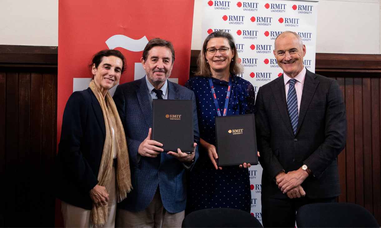From left to right: HE Ms Alicia Moral Revilla, Spanish Ambassador to Australia; Professor Luis García Montero, General Director of Instituto Cervantes; Saskia Loer Hansen, Deputy Vice-Chancellor International and Engagement of RMIT University and Professor Alec Cameron, Vice-Chancellor and President of RMIT University. Alt Text is not present for this image, Taking dc:title 'instituo-cervantes-mou-signing-1220'