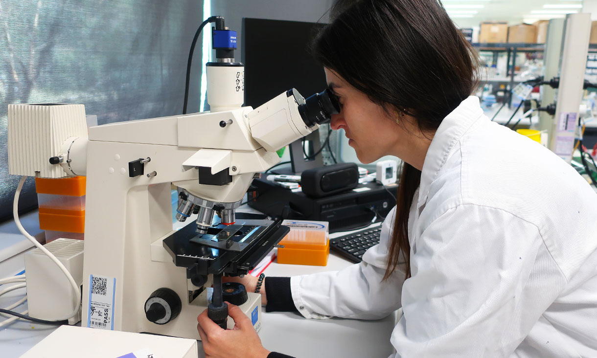 Scientist Priscila Cardoso looking at a sample using a microscope.