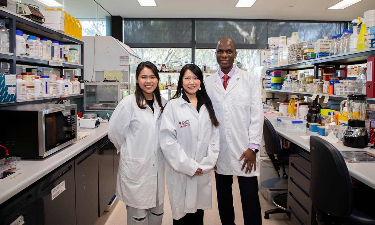 The research team Nattanan (Becky) Chulikavit (left), Associate Professor Tien Huynh (middle) and Associate Professor Everson Kandare (right) in their lab at RMIT’s Bundoora campus.