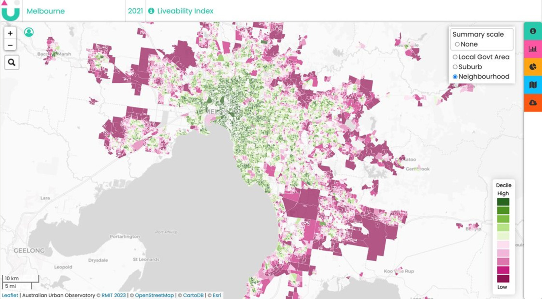 Map of Melbourne neighbourhoods colour coded in greens and pinks which determine their liveability
