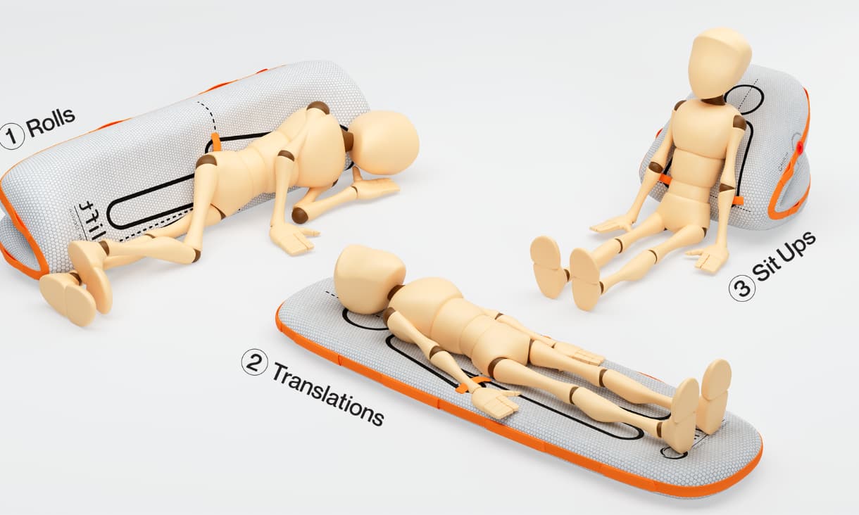 a diagram of a dummy on a stretcher in three different positions