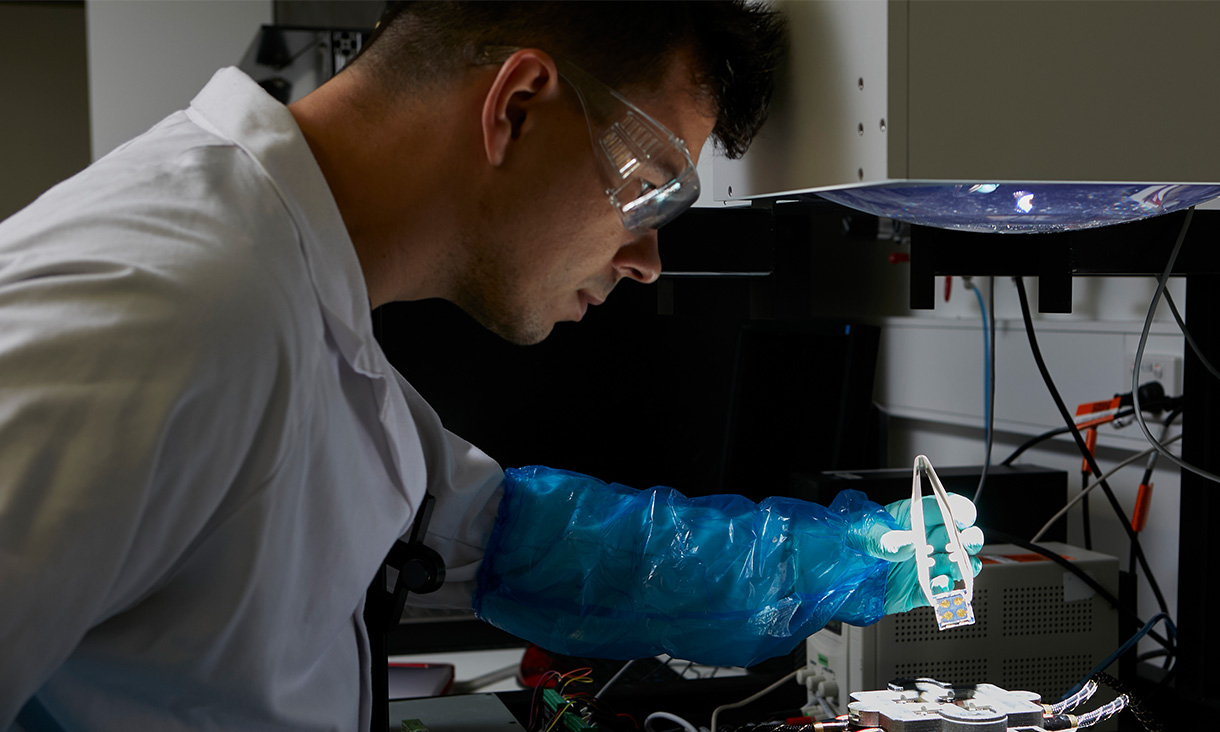 Dr Adam Surmiak working with automatic device characterisation equipment at Monash University. Credit: ARC Centre of Excellence in Exciton Science