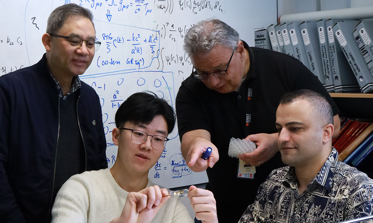 Professor Yongxiang Li, PhD scholar Xiangyang Guo, Professor Salvy Russo and Dr Ali Zavabeti at RMIT University (left to right). Credit: supplied by the research team