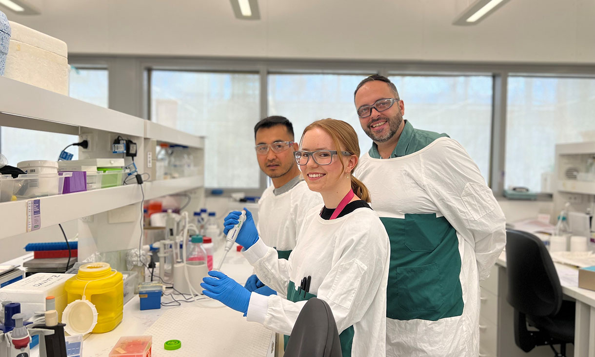 Dr Hanif Haidari, Emmeline Virgo and Dr Zlatko Kopecki in a lab at the University of South Australia. Credit: UniSA