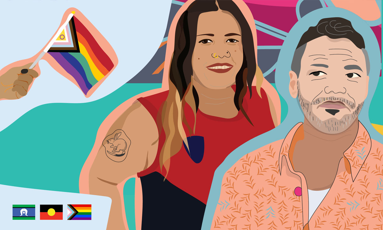 An illustration of two people with a hand holding the pride flag in the background. The Torres Strait Island, Aborginal and Pride flags are also on the left side. 