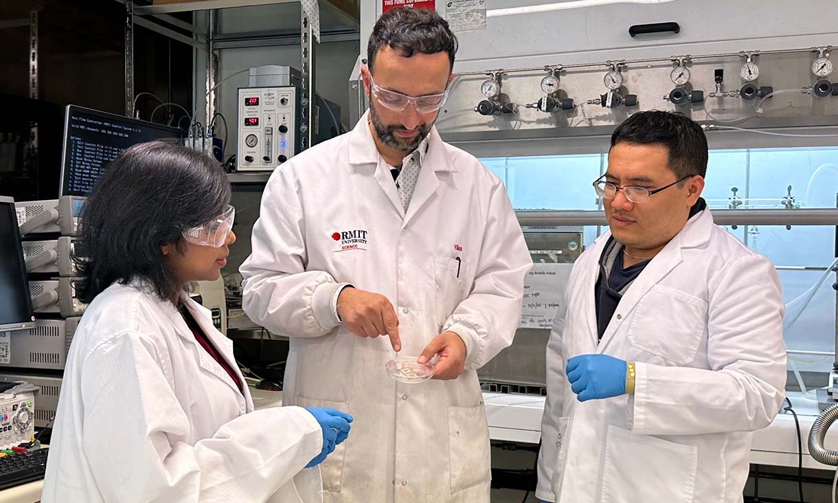 Lead researchers Dr Nitu Syed, Dr Ylias Sabri and Dr Chung K. Nguyen (left to right) in their lab at RMIT University. Credit: Seamus Daniel, RMIT