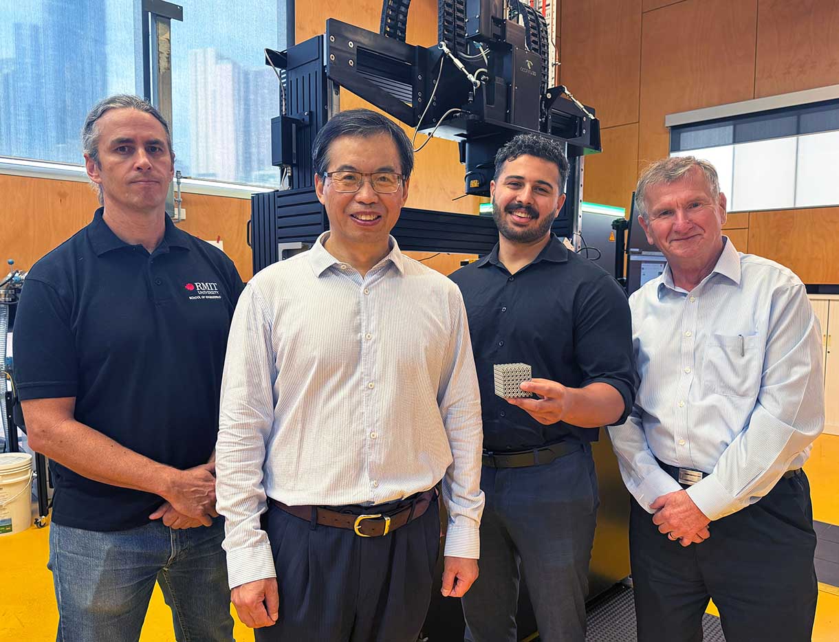 Professor Martin Leary, Professor Ma Qian, Jordan Noronha and Professor Milan Brandt at RMIT's Centre for Additive Manufacturing. 