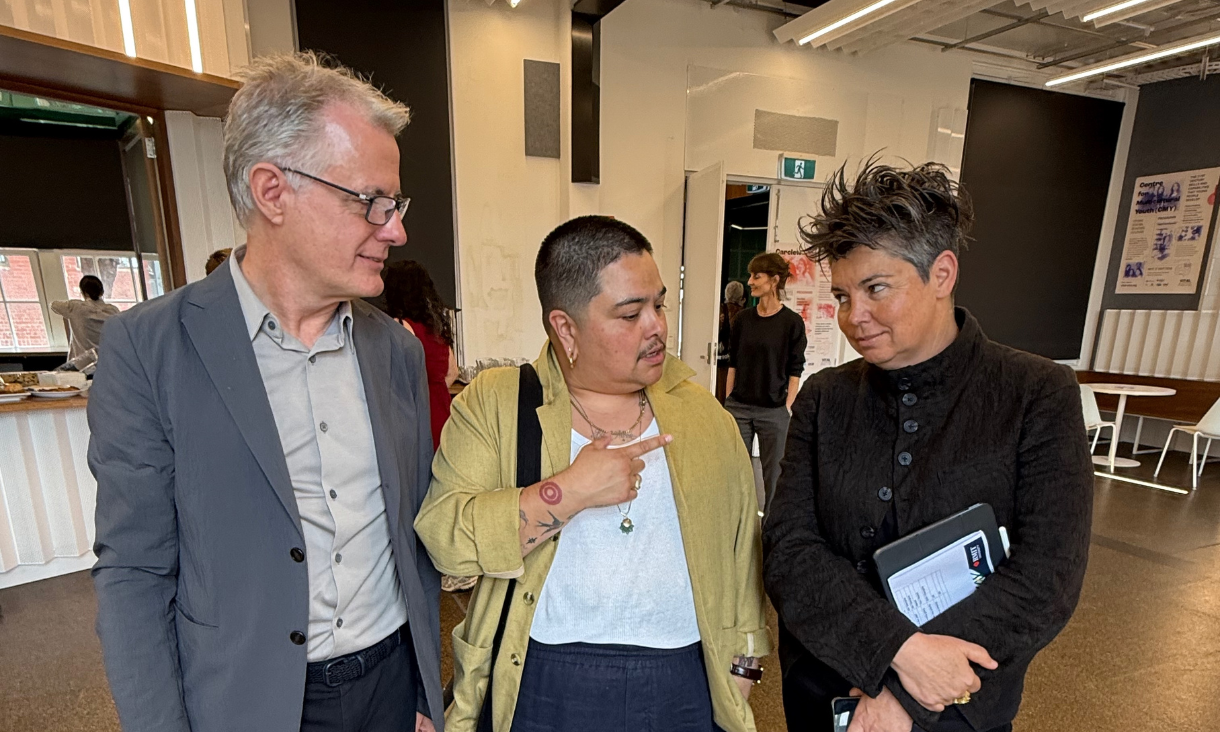 (L-R) Tim Marshall (DVC, College of DSC), Mojo Juju (VITAL ARTS trainer), and Naomi Stead (Interim ADVC, Engagement).