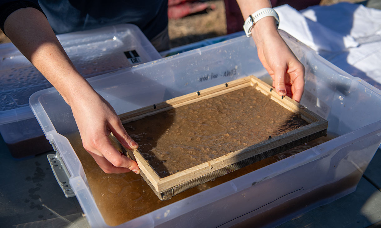 Close-up of hands holding a wooden frame submerged in a container of muddy water during a papermaking process.