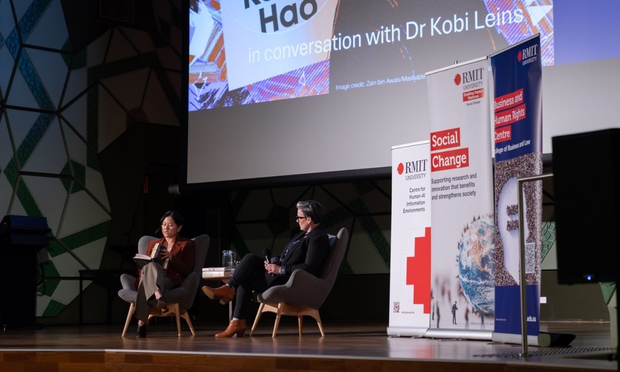 Karen Hao and Dr Kobi Leins in discussion on stage