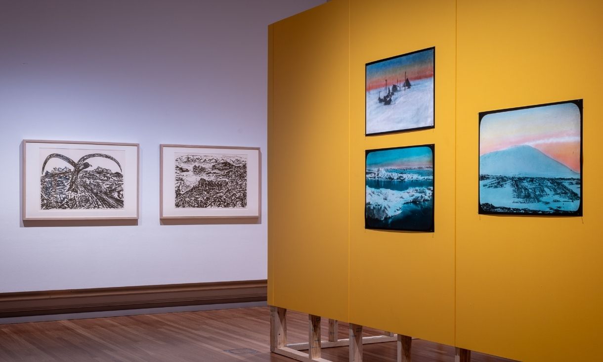 Installation view, Jan Senbergs (left) and Keith Jack (right), in 'Creative Antarctica: Australian Artists and Writers in the Far South, 2026, RMIT Gallery. Photo by Keelan O'Hehir. 