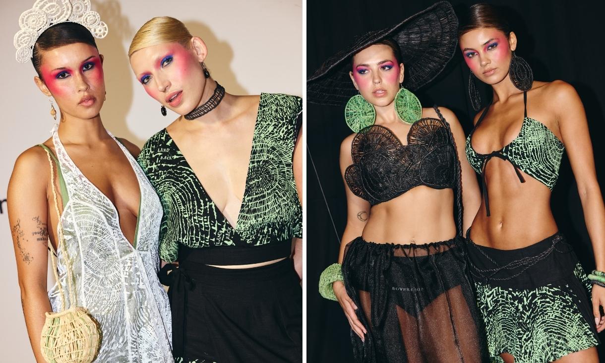 4 models across two different images wear different skirts and dresses that have a weave like pattern in white, black and green.