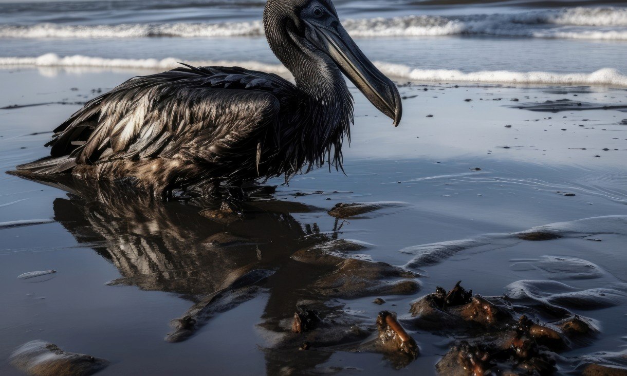 An oil‑covered pelican sits on a wet shoreline, its feathers heavily coated in dark residue. Small lumps of oil are scattered across the sand in the foreground, while gentle waves roll in behind the bird under muted, overcast light.