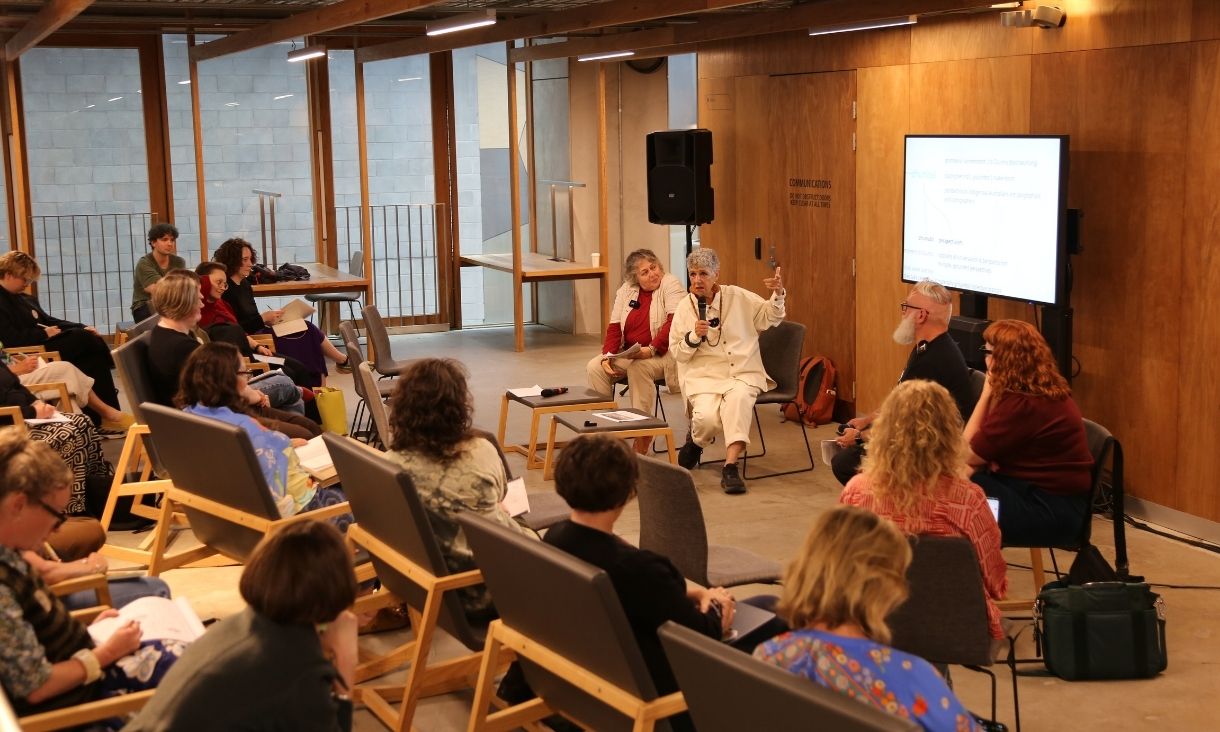 Professor of Practice Rosi Braidotti and Professor N’arweet Carolyn Briggs AM, with Associate Professor Troy Innocent, and Dr Fiona Hillary sit in a warmly lit RMIT buidling in conversation