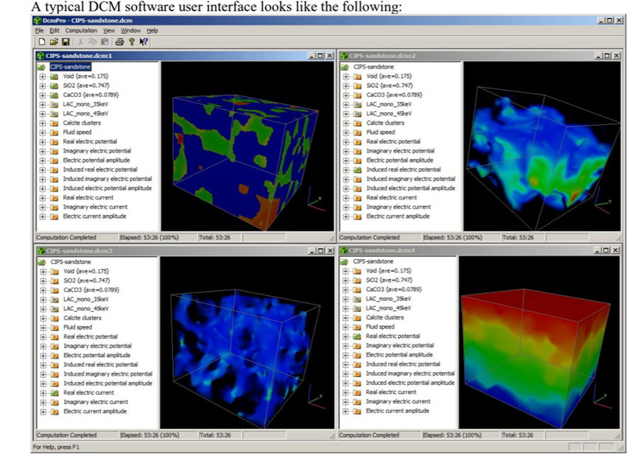 Screenshot demonstrates the basic features of the DCM software using a pre-existing CIPS sandstone sample dataset