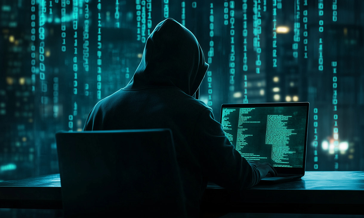 Anonymous Hacker in Dark Hoodie Using Laptop with Binary Code Background — Cybersecurity Threat, Data Breach, and Digital Crime Concept
