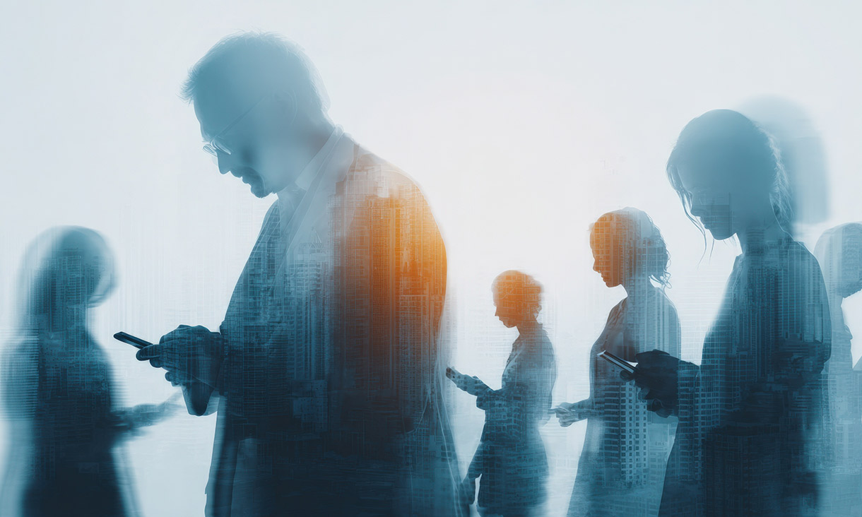 Diverse group of people using mobile phones, depicted with a modern, futuristic and abstract style.