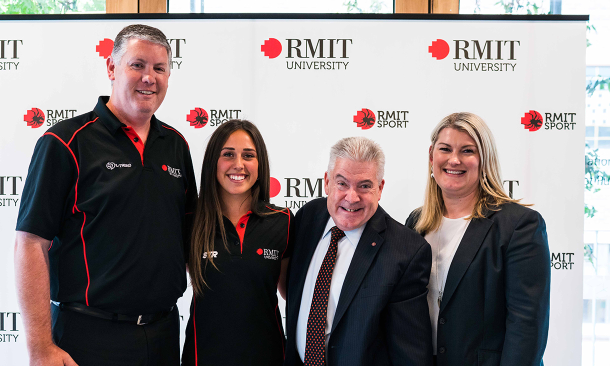 Launch of the RMIT Women's Football Academy. From left: General Manager Damien Keeping, Women's Football Academy Ambassador Hayley Bullas, Vice-Chancellor Martin Bean and EFC GM People and Culture, Lisa Lawry.