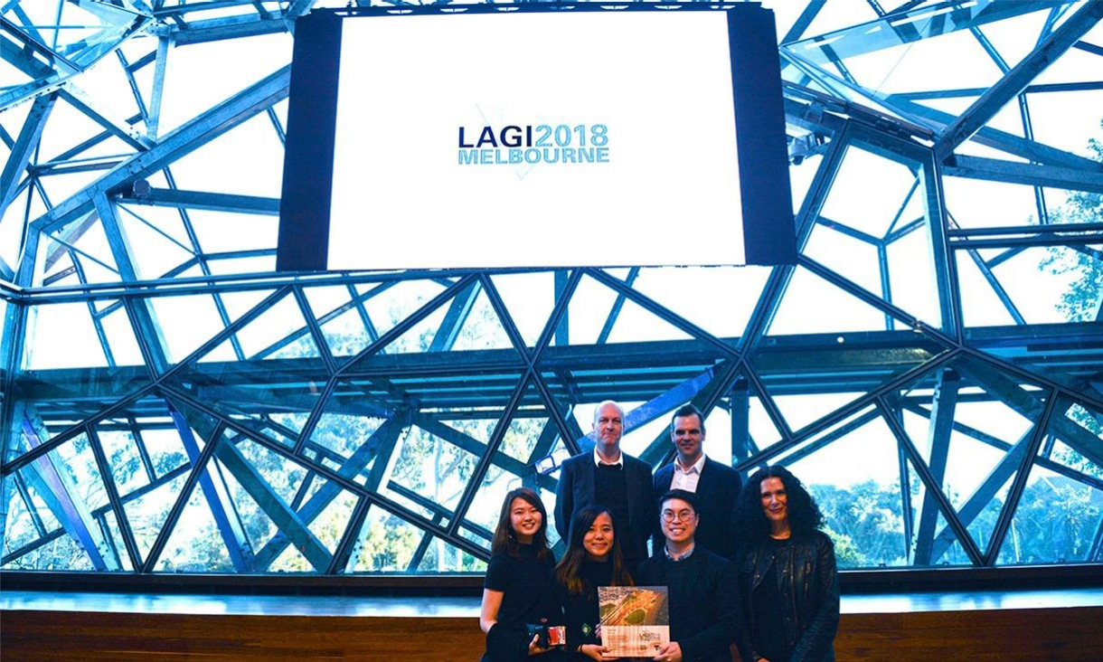 Dean Boothroyd and Martin Heide (NH Architecture), Chea Yuen Yeow Chong, Anna Lee, Bryan Chung (RMIT Master of Architecture Students) and Vivian Mitsogianni (Associate Dean Architecture) at the LAGI awards ceremony. Student Amelie Noren is not pictured.