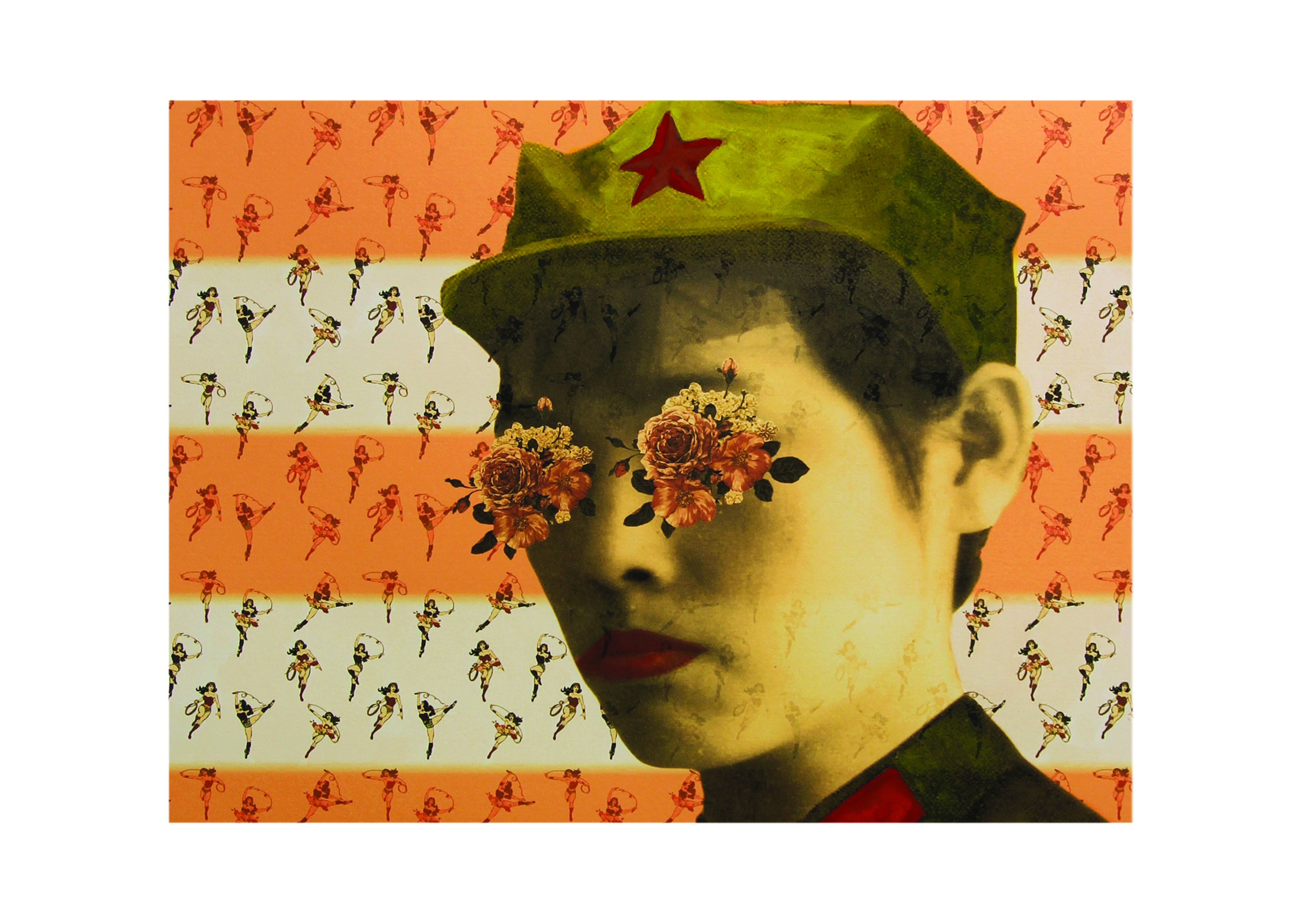 �Make art not war � Test pilot� by Ying Huang, Etching and screen printing on steel of a person with short hair with bunches of pink and white flowers in their eyes and red lips, whirring a green army cap with a red star, superimposed against a background of  wonder woman characters.