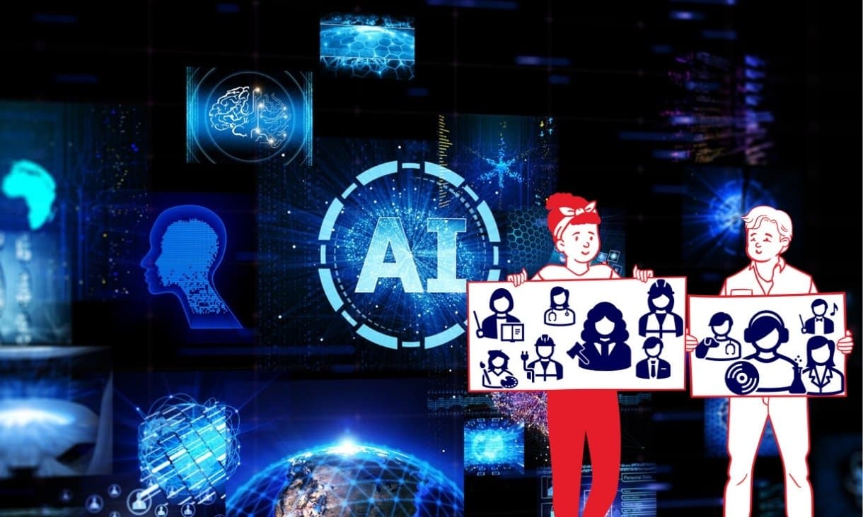 Illustration of the word AI in a futuristic black and blue setting with sillouhuettes of brains and the globe, and red illustration in line drawing style of a woman and a man holding 2 billboards with icons of people in various professions raging from professional (judge, man in suit, teacher) to blue collar (man in hard hat, painter) and creative (DJ, conductor) 