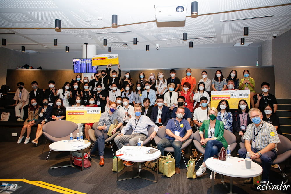 Group shot of participants, judges, coaches and organisers of the Hacktivator 2022 competition.